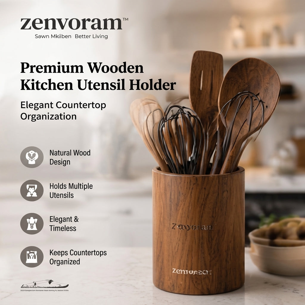 𝒛𝒆𝒏𝒗𝒐𝒓𝒂𝒎™ Premium Wooden Kitchen Utensil Holder